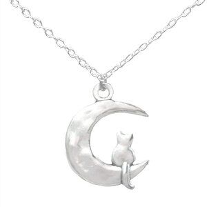 Silver Kitty Cat on The Moon Pendant Necklace for Cat Lovers | Gift for Cat Mom